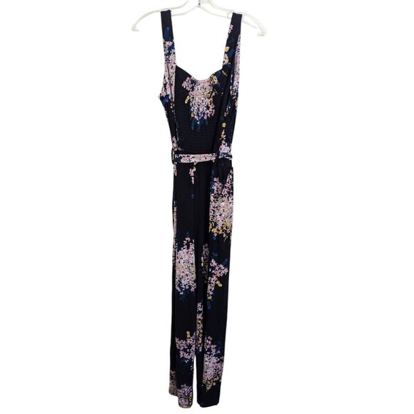 Maurices Womens Tank Top Jumpsuit Size Large Black Floral Smocked Back Belted - Picture 3 of 7
